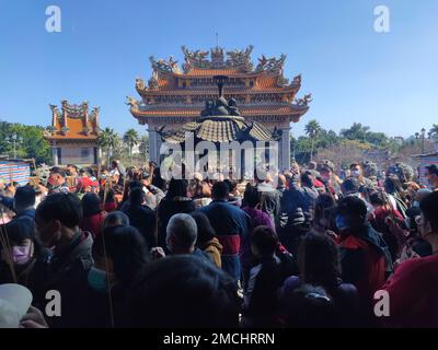 Zhulinshan Temple in Linkou, 22 Feb, 2023: The Lunar New Year`s Day when the crowds are still lively at Zhulinshan Temple in Linkou, New Taipei City, Stock Photo